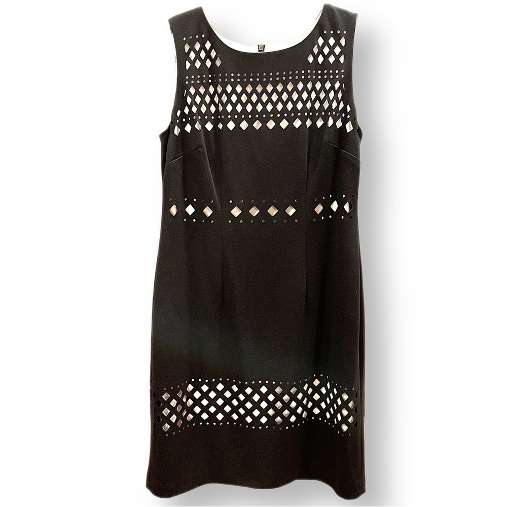 S.L. Fashions little black dress size 12 lattice cut white accent sleeveless LBD